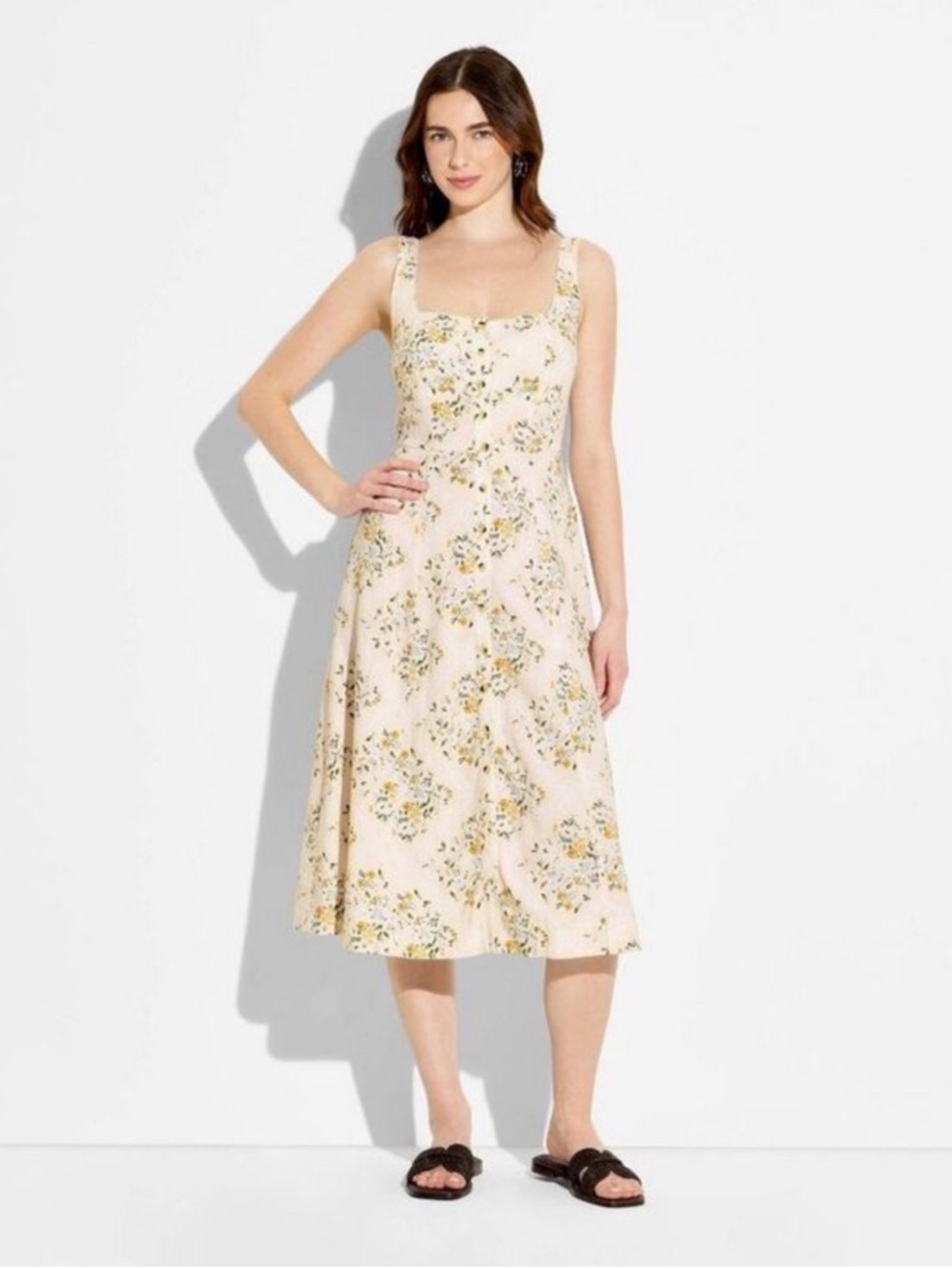 Wild Fable Cream Floral Button-Front Midi Dress